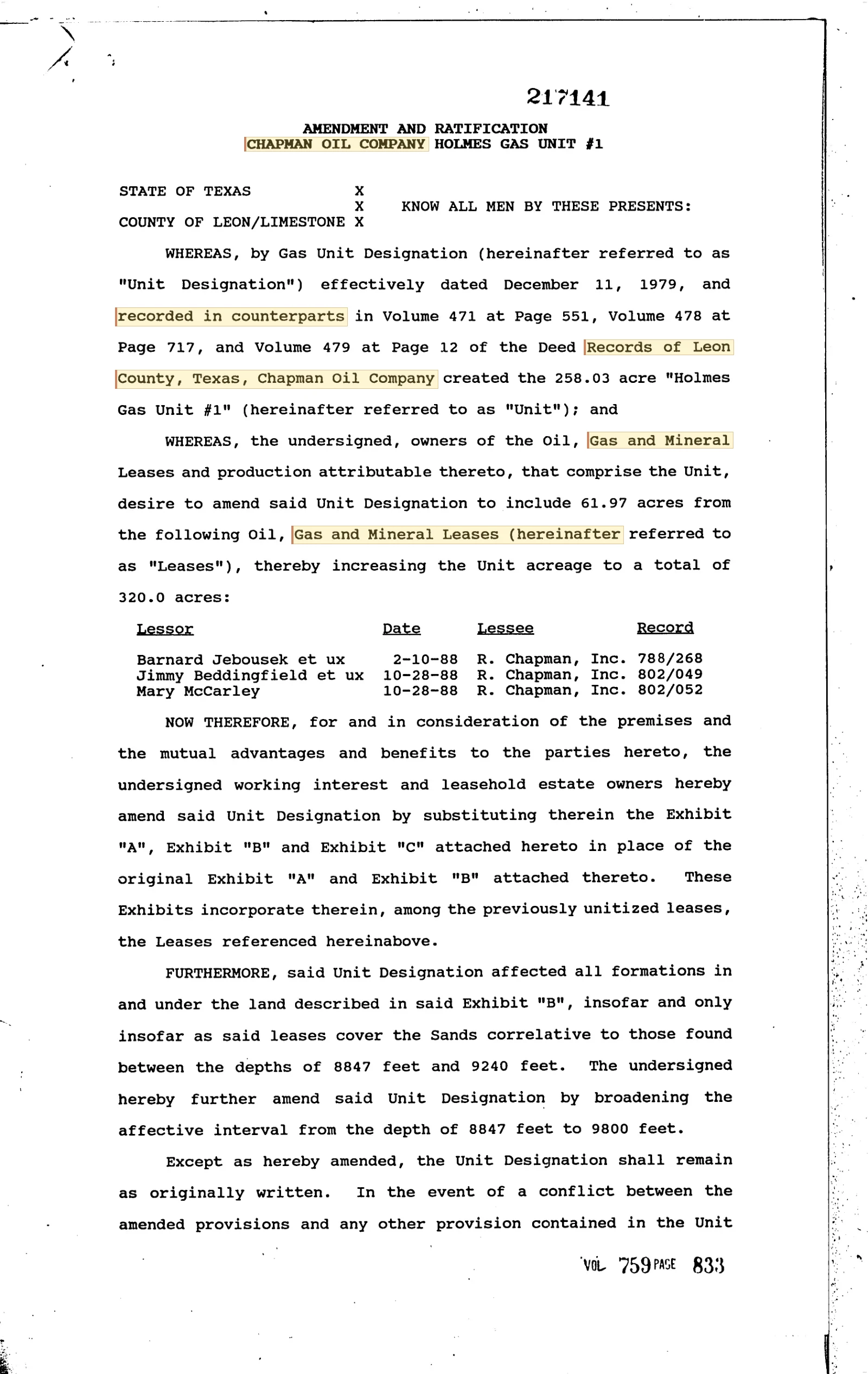 Chapman Oil Co - Recorded Unit Amdmnt (Vol. 759, Page 833)