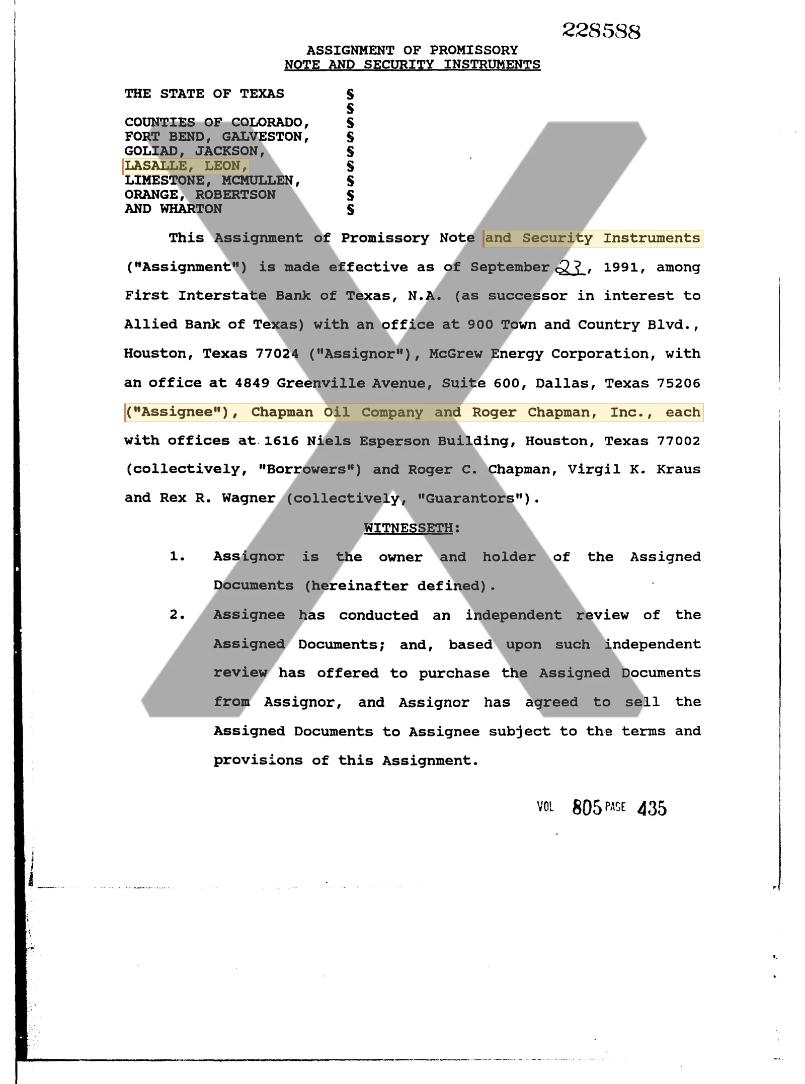 Chapman Oil Co - Recorded Asgmt Of Lien (Vol. 805, Page 435)
