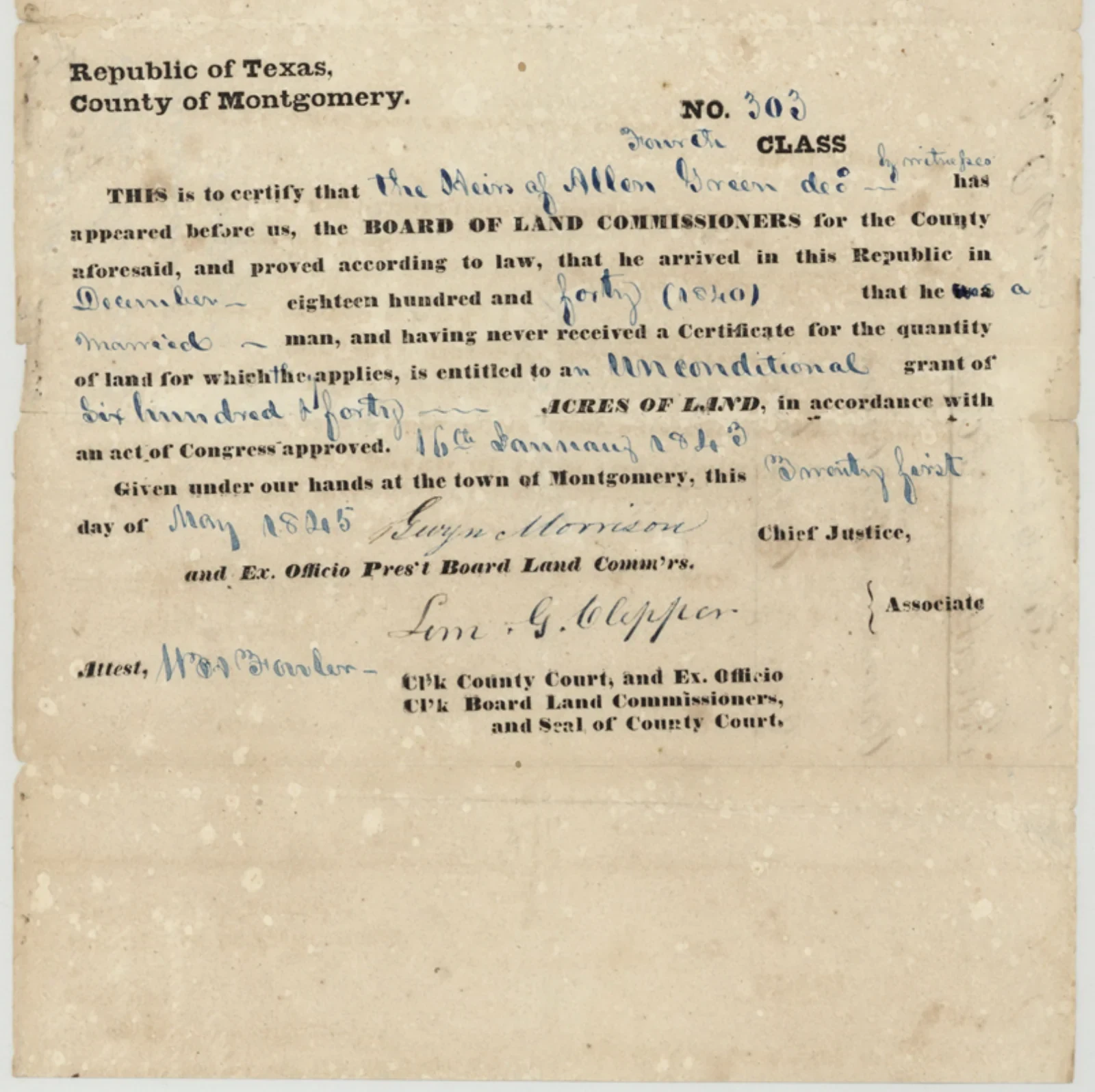 Green, Allen Original Cursive Land Grant & Field Notes (Leon County, Abstract A-000632)